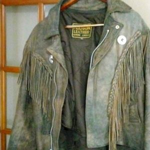 men's Hudson cowhide Brown genuine leather motorcycle classic jacket with fringe